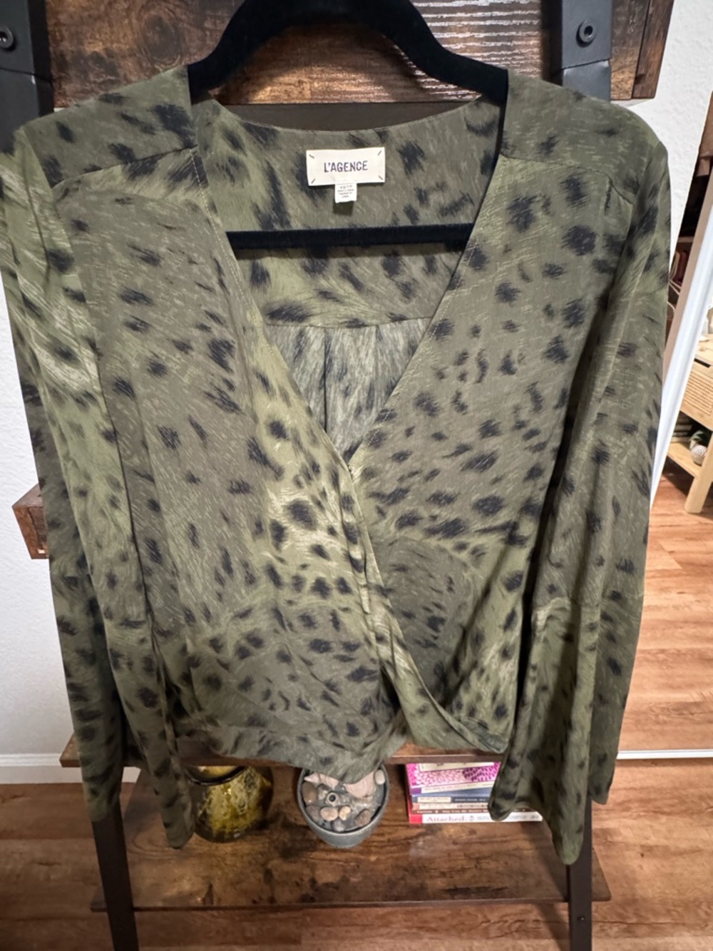 L'AGENCE Olive and Black Animal Print Wrap Blouse